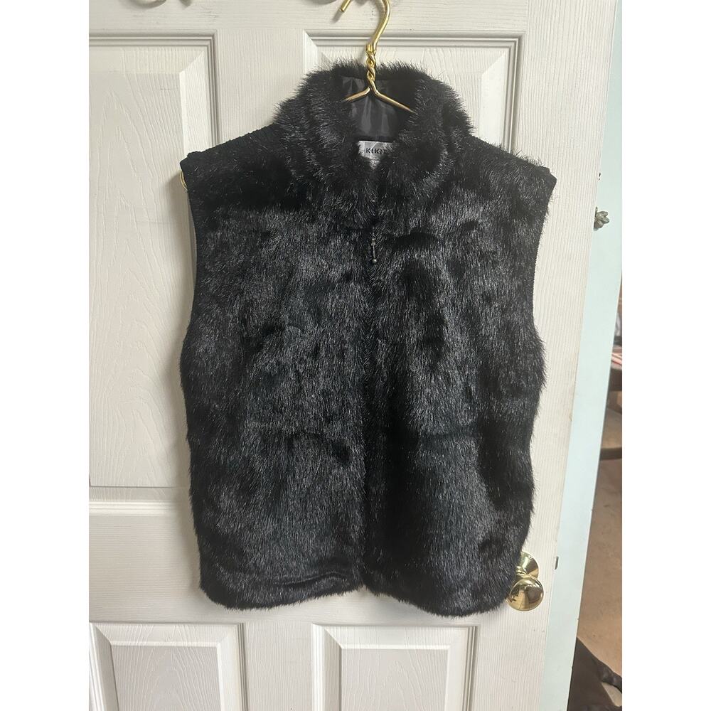 KIKIT Studio Size Large Black Faux Fur Vest Full Zip High Neck 40x24 Ribbed